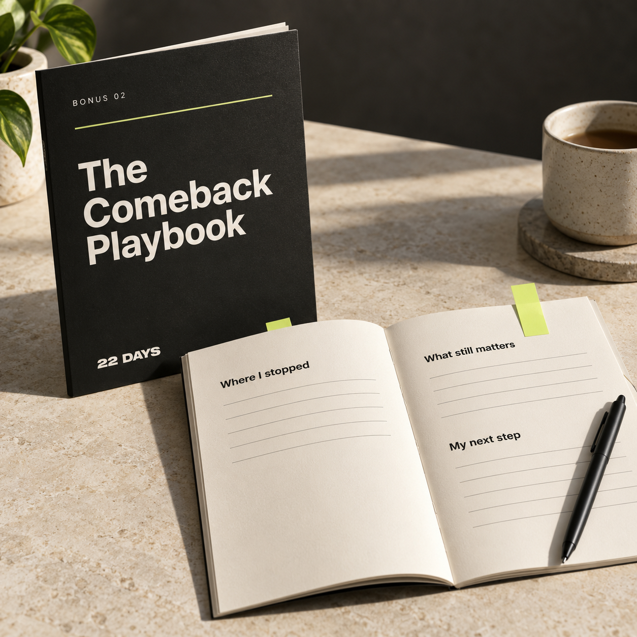 The Comeback Playbook charcoal guide beside an open return plan with a bookmark marking where to pick up again.