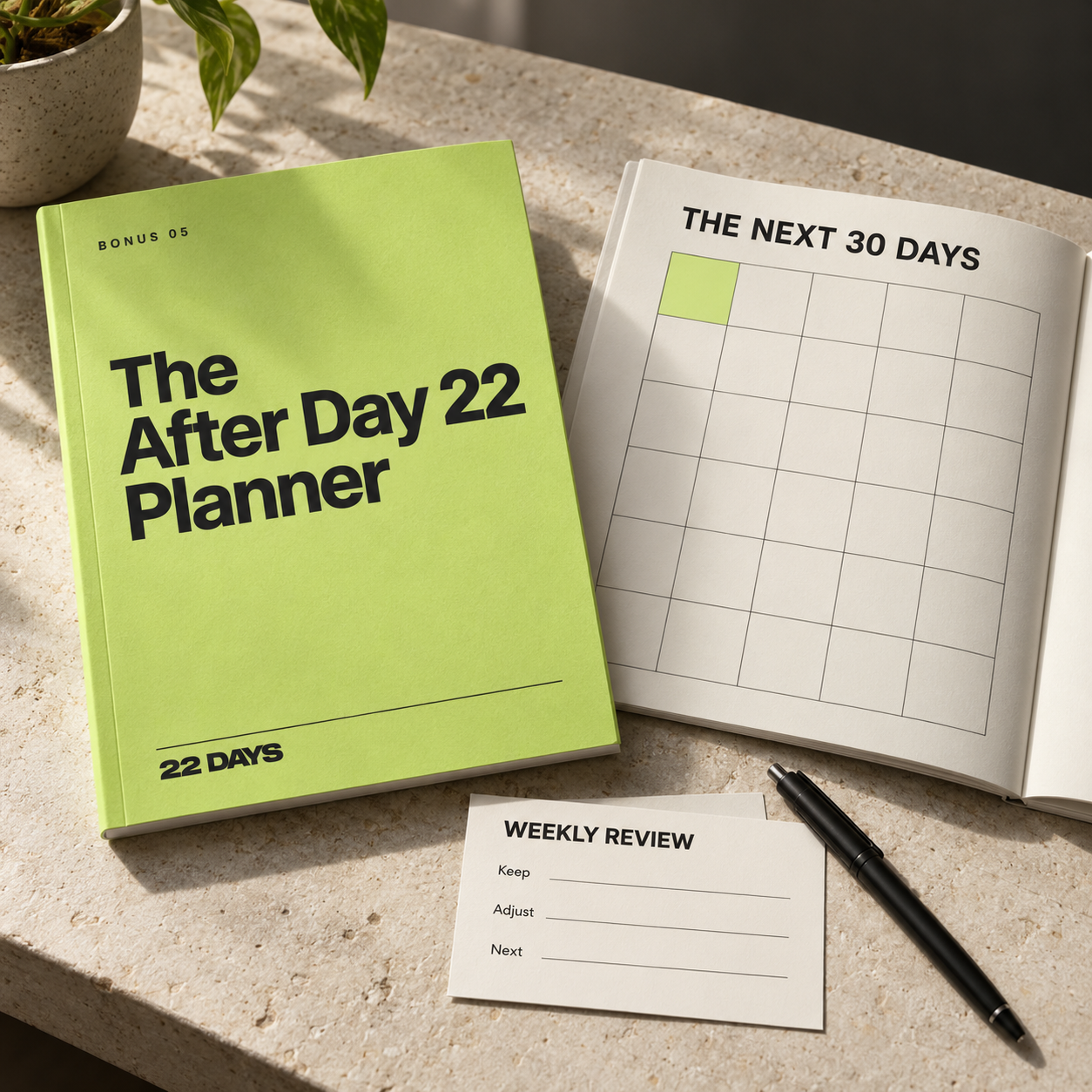 The lime After Day 22 Planner beside an open thirty-day plan and a weekly review card for keep, adjust, and next.