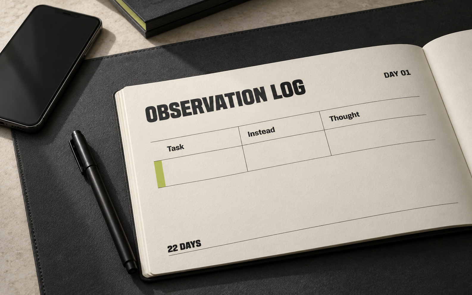 An observation log beside a phone and pen, with a marked moment for recording when avoidance begins.