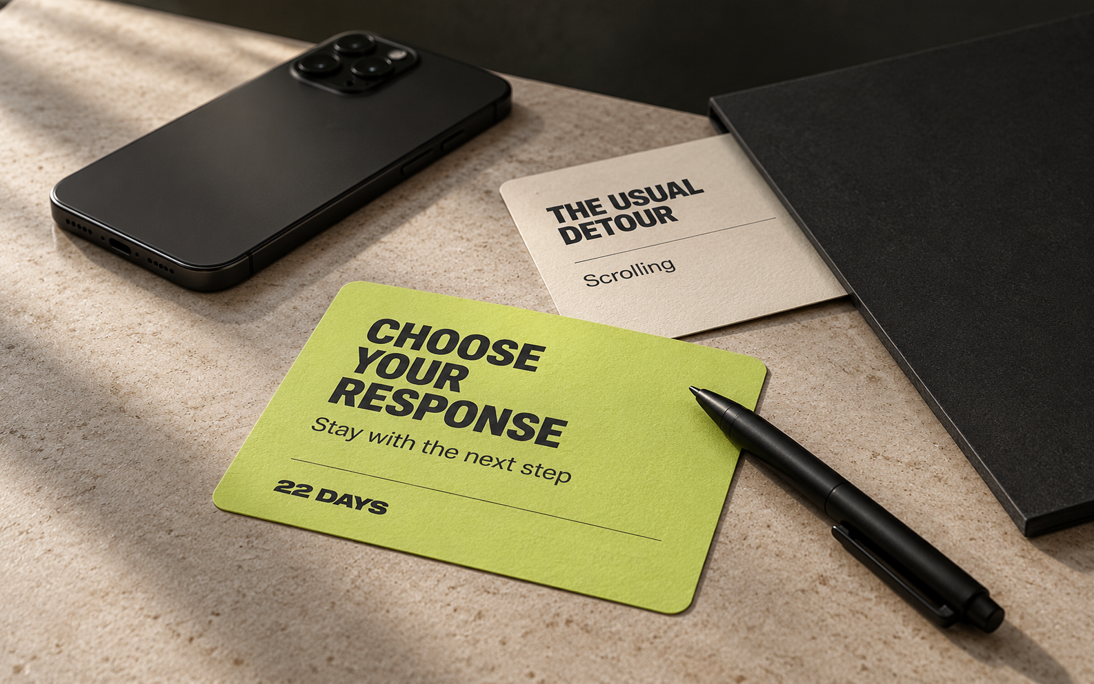 A distraction card is set aside beside a face-down phone while a lime response card marks an alternative action.