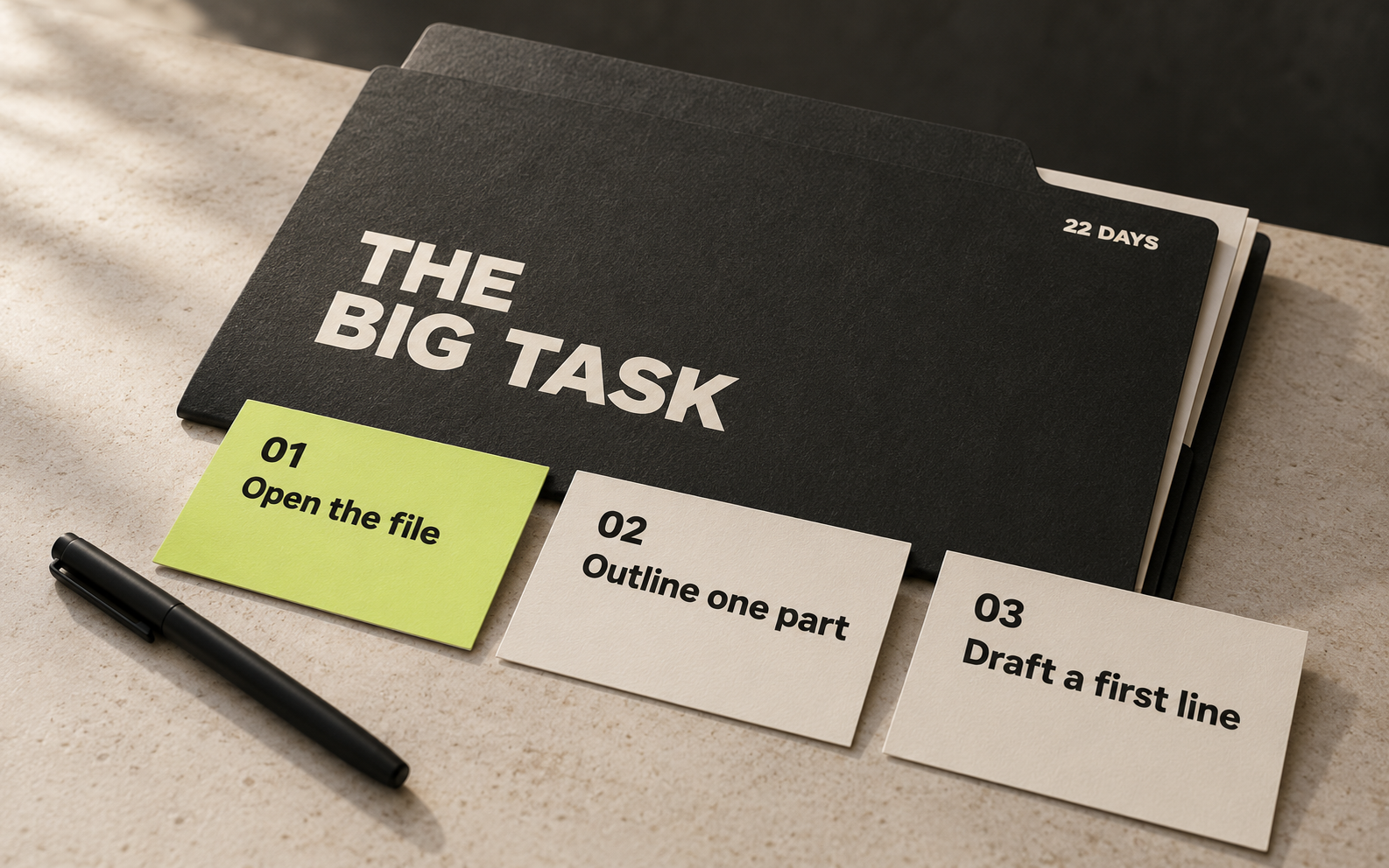 An overwhelming task is broken into three small action cards, with the first manageable step highlighted in lime.