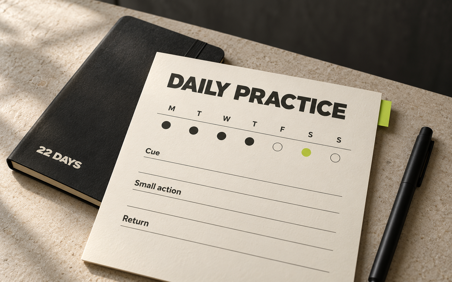 A weekly practice sheet with a recurring cue, a small action, and a return plan shows habits being practiced across everyday days.