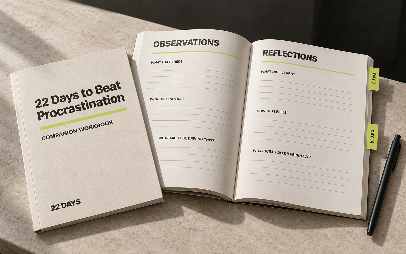 The companion workbook is shown closed and open, with observation and reflection pages and lime tabs keeping the exercises together.