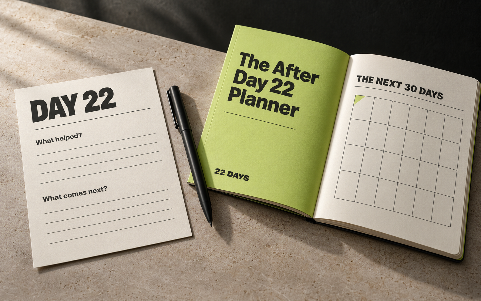 A day 22 reflection card lies beside the After Day 22 Planner opened to a clean thirty-day planning grid.