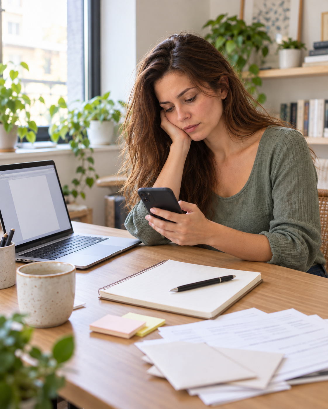 A woman distracted by her phone at a home desk, with a blank document open on her laptop, an unused notebook and pen, unfinished coffee, and pending paperwork.